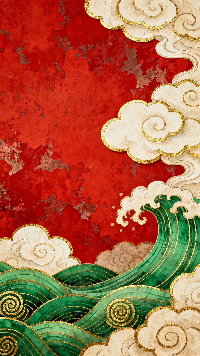 中国传统风格装饰画，以大面积正红色为背景，带有细腻的纹理和斑驳的质感，右侧和底部装饰着大量卷曲的云纹图案，云纹以米白色为主，边缘有金色勾勒，底部则是层层叠叠的绿色波浪纹，同样以金色线条勾勒螺旋状纹理，整体色彩对比鲜明，呈现出浓厚的古典韵味和吉祥寓意，构图饱满，线条流畅，具有传统工笔画的精致细腻感。
