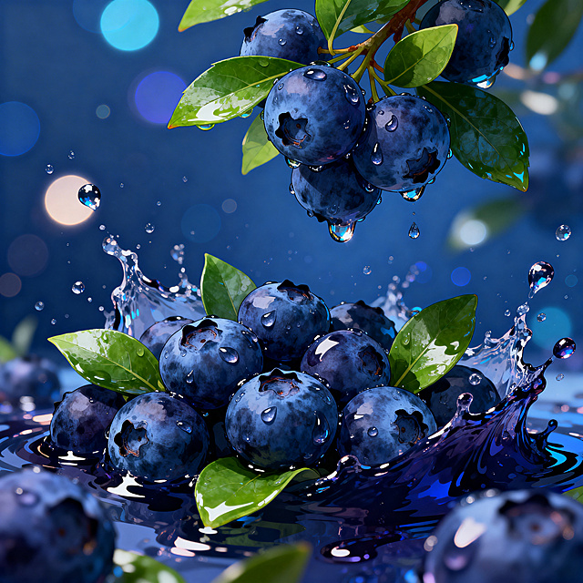 深蓝色调背景，矢量图风格，蓝莓叶衬托大量新鲜饱满的蓝莓，部分蓝莓悬浮于空中，蓝莓表面覆盖着晶莹的水珠，几片翠绿的蓝莓叶子点缀其间，蓝莓周围蓝莓汁四溅，有着十足的飞溅动态感，背景带有模糊光斑营造梦幻氛围，整体光影对比强烈，蓝莓汁和蓝莓表面有清晰的高光和反光，呈现出湿润、清凉、鲜活的视觉效果，画面层次丰富，细节精致