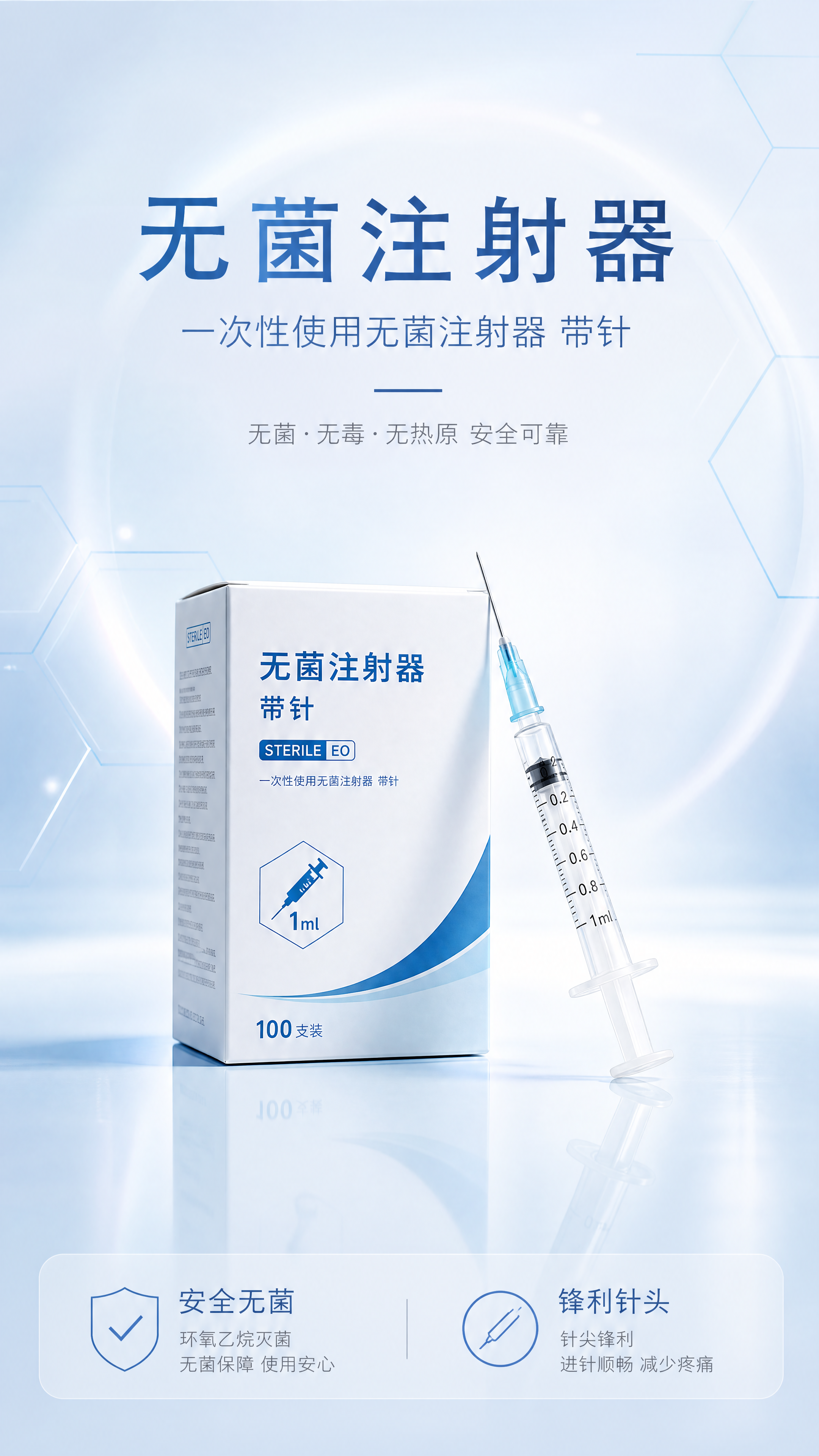 医疗产品详情页头图海报，白色包装盒和透明针管注射器产品展示，产… - 图片创意预览
