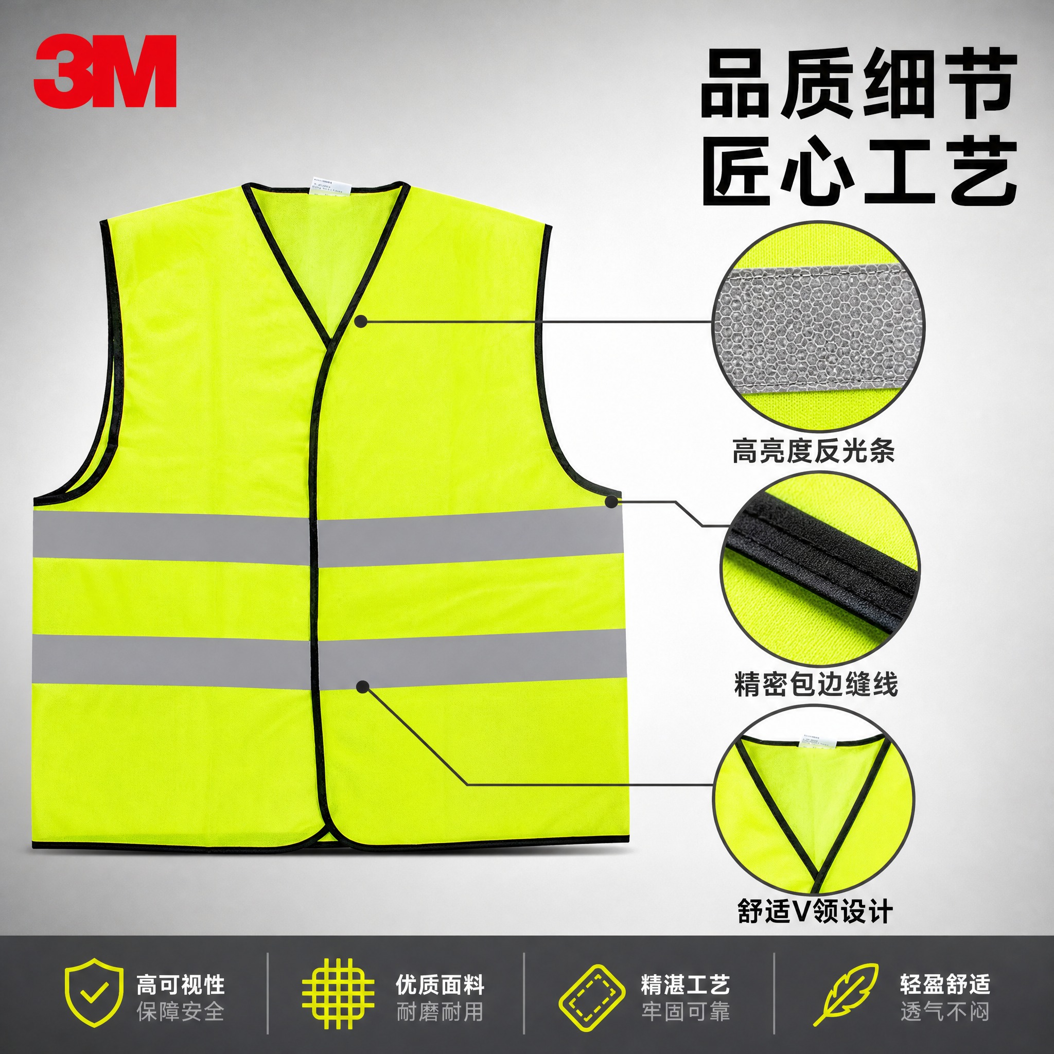 [主图-4] 3M荧光黄反光安全背心 细节做工特写展示图 [统… - 图片创意预览
