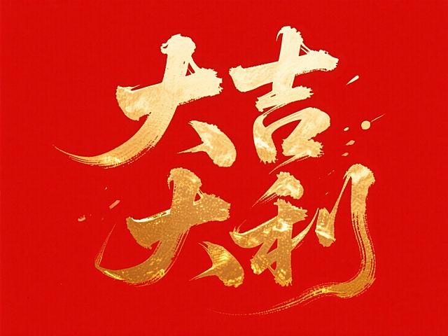 红底鎏金，水墨笔触挥洒“大吉大利”，融合中式书法与大字风，喜庆浓郁，尽显新春祝福之韵。