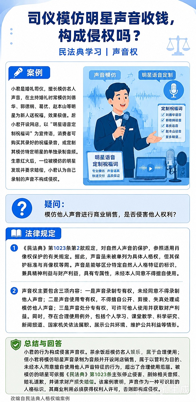 基于参考图的版式骨架进行修改，保留原图整体布局结构（顶部大标题+副标题+天平图标 / 左侧案例文字+右侧插画 / 疑问区 / 法律规定区 / 总结与回答区 / 底部来源标注）、蓝色医疗科普配色体系、扁平插画风、圆角矩形卡片样式，做以下修改：

1. 主标题替换为："司仪模仿明星声音收钱，构成侵权吗？"
2. 副标题替换为："民法典学习 | 声音权"，右上角保留天平图标
3. 顶部左侧标签改为"案例"图标（话筒/声音图标代替法槌）
4. 左侧案例区文字替换为：
小君是婚礼司仪，擅长模仿名人声音，在主持婚礼时常模仿刘德华、郭德纲、葛优、赵本山等明星为新人送祝福，效果极佳。后小君开设网店，以"明星语音定制祝福词"为宣传语，消费者可购买其录好的祝福录音，或定制其模仿特定明星的单独录制音频。生意红火后，一位被模仿的明星发现并要求赔偿，小君认为自己录制的声音不构成侵权。
5. 右侧插画区替换为与声音权主题相关的扁平插画：一位穿西装的婚礼司仪手持话筒，旁边有音波/声波线条扩散、音符、录音设备图标，背景有"声音模仿""明星语音定制"等相关元素，风格与原图医疗插画一致，蓝色调
6. 疑问区替换为：
疑问：模仿他人声音进行商业销售，是否侵害他人权利？
7. 法律规定区（书本图标保留）替换为两条：
① 《民法典》第1023条第2款规定，对自然人声音的保护，参照适用肖像权保护的有关规定。据此，声音虽未被单列为具体人格权，但其保护标准与肖像权等同。声音是能够区分特定自然人人格特征的标识，兼具精神利益与财产利益，具有专属性，未经本人同意不得擅自使用。
② 声音权主要包含三项内容：一是声音录制专有权，未经同意不得录制他人声音；二是声音使用专有权，不得擅自公开、剪接、失真处理或模仿他人声音；三是声音处分专有权，可许可他人使用并获取财产利益。同时，存在合理使用例外，包括个人学习、课堂教学、科学研究、新闻报道、国家机关依法履职、展示公共环境、维护公共利益等情形。
8. 总结与回答区（盾牌图标保留，绿色调）替换为：
小君的行为构成侵害声音权。茶余饭后模仿名人娱乐，属于合理使用；但小君将模仿明星声音录制为音频并开设网店销售，属于以营利为目的、未经本人同意擅自使用他人声音特征的行为，超出了合理使用范围。被模仿的明星可依据《民法典》第1023条主张停止侵害、删除相关音频、赔礼道歉，并请求财产损失赔偿。该案例表明，声音作为一种可识别的人格标识，其商业利用必须获得权利人许可，否则即构成侵权。
9. 底部来源标注改为："改编自民法典人格权编案例"
10. 整体风格保持法律科普感，扁平插画风格，蓝色主色调，文字清晰可读，排版精美
11. 画面中所有信息区域必须填充完整合理的内容，不得出现空白框、空白占位
12. 画面中所有数字必须精确渲染，不得错位、遗漏或编造