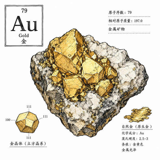 复古科学插画风格，手绘线稿加淡彩平涂，粗细均匀黑色轮廓线，略带手绘轻微抖动，低饱和度淡彩平涂，无强烈渐变，老式印刷水彩薄涂效果，主体是金Au矿石，展示金矿石原石晶体，带有化学标注：原子序数79，相对原预览效果