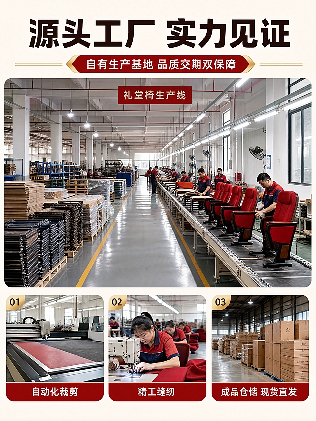 [画面] 页面目标：厂房流水线展示，工厂实景型。构图：顶部标题区约15%，中部约60%为工厂车间大场景，展示礼堂椅生产流水线、工人作业、原材料堆放、成品检验等；底部约25%为3张小图横向排列，分别展示：裁剪车间、缝纫车间、成品仓储；阅读动线：顶部标题→中部车间全景→底部三工序小图。
[视觉] 套系策略：风格=专业工厂纪实摄影；标题字=粗黑无衬线体；正文字=常规无衬线体；主色=深木色+中国红；背景延展=工厂实景自然色调；强调色=金色，用于角标；标题色=深木色；正文色=深灰；组件=圆角图片框、细线分隔；光影=工厂自然光+工业照明，真实自然。
[文字] 顶部主标题「源头工厂 实力见证」，副标题「自有生产基地 品质交期双保障」；底部三张小图分别标注：「自动化裁剪」「精工缝纫」「成品仓储 现货直发」。
[规格] 比例3:4竖版，4K，负向：变形、错字、文字过小、工厂场景虚假、人物面部模糊、平台Logo、水印。