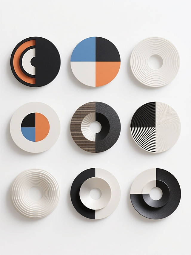 九个不同设计的圆形图案整齐排列在纯白色背景上，每个圆形具有独特的配色方案、样式和材质质感，展现出多样化的视觉风格，整体构图简洁明了，信息传达直接高效，符合现代简约的设计美学