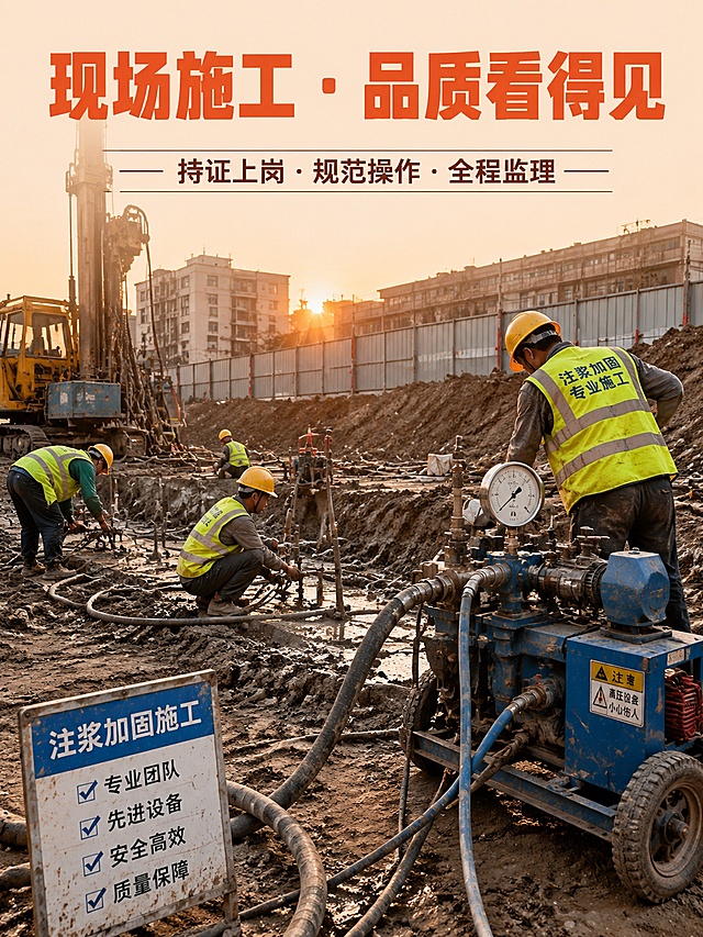 注浆加固施工现场宣传图，真实工地场景，暖色调。画面展示多名施工人员在建筑地基旁进行注浆作业，高压注浆泵、压力表、注浆管清晰可见，工人佩戴安全帽和反光背心。画面上方大字"现场施工·品质看得见"，下方文字"持证上岗·规范操作·全程监理"。画面有真实的工地环境感，尘土和施工细节，专业可信，3:4竖版构图