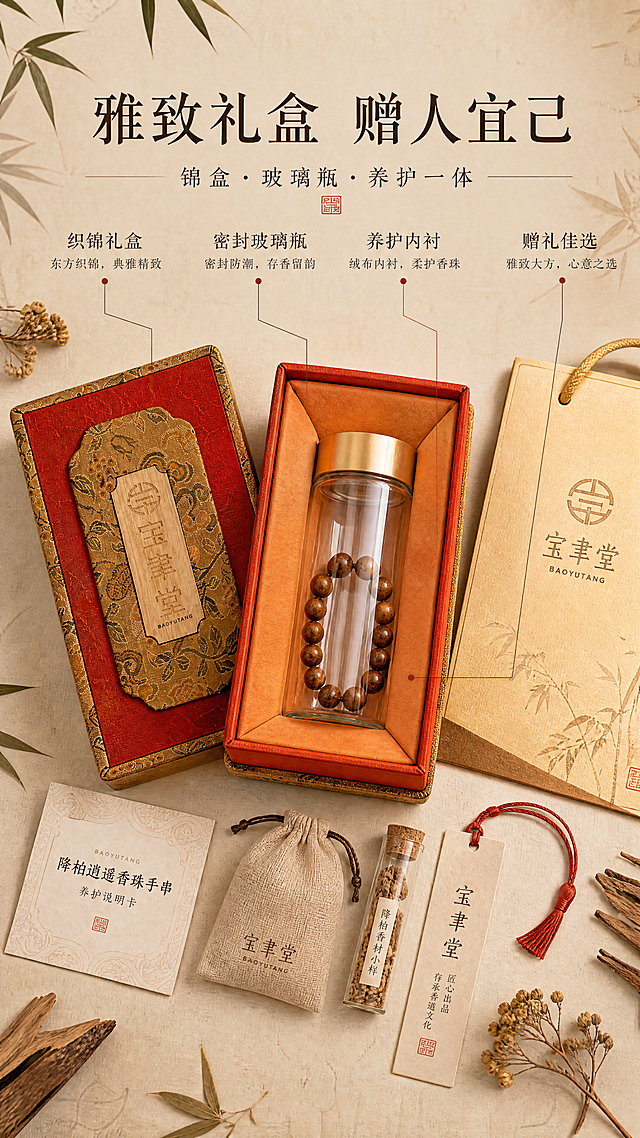 [商品] 使用【图1】降柏逍遥香珠手串及锦盒玻璃瓶包装；保留锦盒红金织锦外观、木质铭牌"宝聿堂"文字、玻璃瓶金属盖结构与手串形态；商品处理：增强礼盒织锦立体感、玻璃通透度与珠面光泽，不改变结构与颜色。
[画面] 页面目标为包装开箱仪式感，突出礼赠价值；俯视角展示开箱场景：打开的锦盒居中，玻璃瓶手串静卧绒布内衬中，盒盖翻开在旁；周围平铺展示养护说明卡、香材小样、手提袋等配件；背景为米白宣纸质感，散落竹叶与干花；产品占画面约70%。
[视觉] 套系策略：风格=东方雅致国风禅意商业摄影；标题字=宋体衬线粗体（书法气质）；正文字=简洁宋体；主色=暖棕米杏；背景延展=基于米杏色做宣纸纹理、深浅渐变与暖棕同色系层次；强调色=朱砂红，仅用于小面积印章、引线和标签点缀；标题色=深棕褐；正文色=暖灰棕；组件=细线引线、圆角米白信息卡、朱砂印章元素；光影=正上方柔光，均匀明亮。
[文字] 上方主标题"雅致礼盒 赠人宜己"，副标题"锦盒·玻璃瓶·养护一体"，下方配引线标注：「织锦礼盒」「密封玻璃瓶」「养护内衬」「赠礼佳选」；全部文字横排。
[规格] 图片比例9:16竖版，4K分辨率，负向提示：避免变形、错字、文字过小、礼盒文字错乱、颜色失真、现代包装风格。