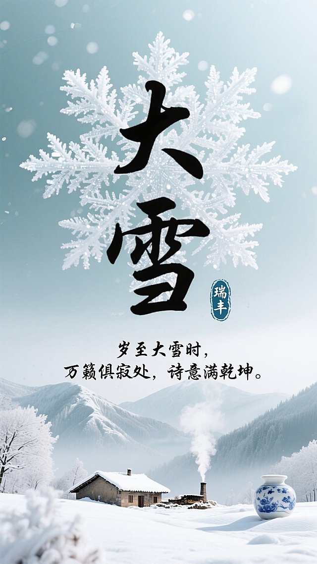 画面主体是由雪花冰晶、晶莹霜花编织成的 “大雪” 大字，大字下方是覆着白雪皑皑的山水风景，山下有冒着炊烟的农家院子；有黑色手写小字横排“岁至大雪时，万籁俱寂处，诗意满乾坤。”，左侧陶瓷质感蓝白印章印 “瑞丰”；背景为雾蒙白雪山景，色调以白色青色，营造冬日的宁静。