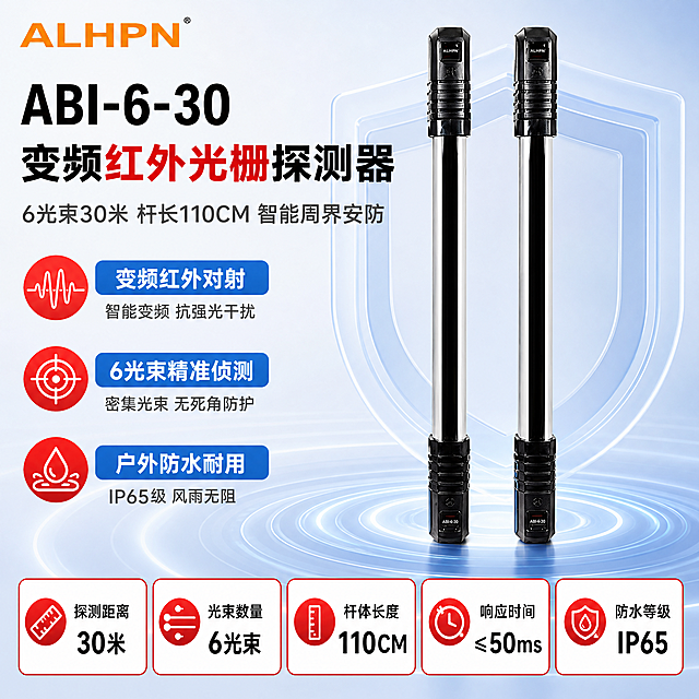 [主图-1] ABI-6-30 变频红外光栅探测器 首图KV版。参考[image1]模板版式结构：左上ALHPN品牌LOGO + 左侧竖排3个卖点图标列表 + 右侧一对产品大图 + 底部5个红框参数栏。产品使用【图2】一对红外光栅探测器。
[统一基调] 报警行业专业配色：浅蓝+浅灰+警示红点缀；产品名称黑色粗体凸显；字体=现代无衬线粗黑体（标题）+ 简洁无衬线中黑体（正文）；组件=红色圆形图标底+白色线性图标+蓝色圆角横条白字卖点标题+灰色小字说明、底部红框白底黑字参数卡+红色图标、淡蓝色多层半透明盾形背景元素；背景=浅蓝到浅灰渐变棚拍背景，底部同心圆波纹光晕，柔和高级，无留白。
[画面] 左上角放【图3】ALHPN橙色品牌LOGO带®标。右侧一对ABI-6-30红外光栅探测器竖直并排站立，占画面约60%，产品外观严格保持【图2】原始形态：黑色上下端盖、银色金属管身、透明外罩、顶部发射接收窗口、底部接线端，不扭曲不变形不改色，杆长按110CM比例呈现（比50CM/75CM款更长）。左侧从上到下排列3个卖点组（红色圆形图标+蓝色圆角横条白字标题+灰色小字说明）。右侧产品后方有淡蓝色多层半透明盾形背景元素，底部有同心圆波纹光晕，象征安全防护。底部通栏5个红色边框白底的参数卡片横向排列，每个卡片含红色图标+黑色参数名+黑色大数字参数值。画面无空白区域，信息饱满。
[光影质感] 柔和棚拍光从左前方打光，产品金属管身有自然高光反射，底部有柔和接触阴影，立体感强，整体明亮通透。
[配色] 主色浅蓝+浅灰，强调色警示红仅用于圆形图标底、参数框边框、卡片内图标、产品名称中「红外光栅」四字小面积点缀，产品型号与名称纯黑色，副标题和说明深灰色，背景浅蓝到浅灰渐变。底部参数卡为红框白底黑字。
[文字版式] 左上LOGO下方主标题黑色粗体大字「ABI-6-30」，下一行黑色粗体大字「变频红外光栅探测器」，其中「红外光栅」四字用红色强调。再下一行深灰色副标题「6光束30米 杆长110CM 智能周界安防」。左侧3个卖点：①红圆图标（波形）+蓝条「变频红外对射」+灰字「智能变频 抗强光干扰」②红圆图标（靶心）+蓝条「6光束精准侦测」+灰字「密集光束 无死角防护」③红圆图标（水滴）+蓝条「户外防水耐用」+灰字「IP65级 风雨无阻」。底部5个红框参数卡（白底黑字+红图标）：探测距离 30米 | 光束数量 6光束 | 杆体长度 110CM | 响应时间 ≤50ms | 防水等级 IP65。所有文字横排，手机端清晰可读。
[输出要求] 比例1:1正方形，2K分辨率，文字清晰，产品清晰不变形；负向：禁止产品扭曲变形、颜色改变、结构缺失、文字竖排斜排、深色纯黑背景、过于鲜艳彩色、大面积留白、平台LOGO水印、极限词。