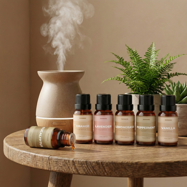 请你生成一张图，在一张木桌上有一台正在运作的香薰机，香薰机旁边放置着图1-图6的精油瓶，有一瓶精油瓶是平躺放置的，平躺的精油瓶盖子是扭开的，正在滴下来一滴精油，背景色是米棕色的，旁边还放着一株绿植，精预览效果