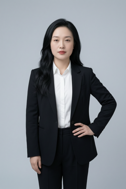 基于参考图生成一张形象照，人物身穿黑色亚面精纺面料西装外套和西裤，内搭白色衬衫。背景是简约冷调浅灰色纯色背景，光线均匀柔和，呈现均匀柔和质感，极简干净，强化色彩对比的高级感。采用标准焦段50mm,F/预览效果