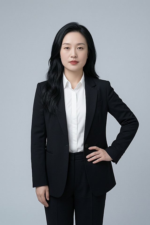基于参考图生成一张形象照，人物身穿黑色亚面精纺面料西装外套和西裤，内搭白色衬衫。背景是简约冷调浅灰色纯色背景，光线均匀柔和，呈现均匀柔和质感，极简干净，强化色彩对比的高级感。采用标准焦段50mm,F/4光圈，平视视角，镜头与人物视线齐平。人物占画面70%，人物居中构图，位于画面中心，为视觉聚焦点，入境范围头部及以下至臀部下方10cm，是半身像。身体呈"松弛式挺拔"状态，脊柱自然延展，重心均匀分布，肩部自然下沉，左手叉腰，手指自然弯曲搭在腰侧，手肘微向外展，右臂自然下垂，姿态端庄优雅，身形匀称，肢体自然，自信从容，整体手势松弛且优雅，动作幅度柔和，兼具专业感与亲和力，身姿挺拔有度，双肩自然下沉，手腕放松，比例为6:9。