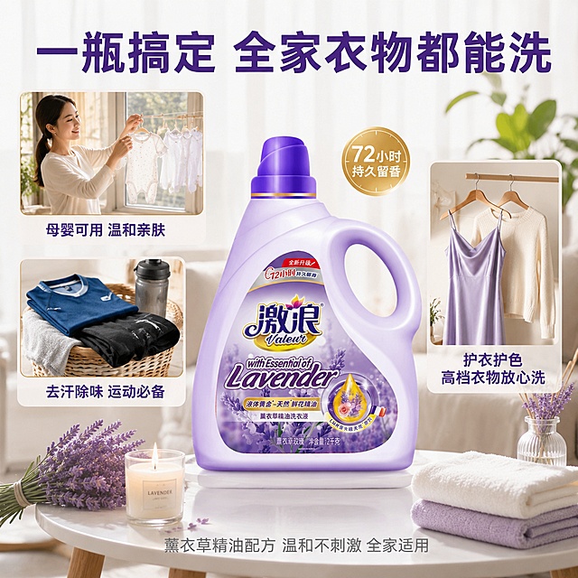[主图-4 适用人群] 激浪薰衣草精油洗衣液全家适用场景图 温馨生活方式 多人群覆盖。
[氛围风格] 温馨生活方式风 家庭友好 真实场景代入 抖音种草感 紫色洁净调性。
[画质] 生活方式商业摄影质感 自然光柔和 场景真实温馨 产品清晰 超高清。
[元素] 温馨明亮的家居客厅+阳台场景 中央白色矮桌上放着激浪薰衣草精油洗衣液瓶 正面展示 保持产品外观与输入产品图绝对一致 杜绝变形色差 商品主体占比约40%。周围用画中画/分屏方式展示三个使用场景小画面：左上小画面：妈妈在阳台晾晒刚洗好的宝宝衣物 温柔微笑 阳光明媚 体现母婴可用温和。左下小画面：运动男士的健身服 运动T恤和运动裤 叠放在洗衣篮旁 体现去汗味能力。右侧小画面：精致女性的真丝连衣裙和羊毛衫挂在衣架上 柔软有光泽 体现护色护衣。主场景桌上还有薰衣草花束 香薰蜡烛 柔软毛巾等装饰 整体温馨有生活气息。背景是明亮的白色纱帘和绿植。
[光影] 自然窗光为主 温暖明亮 各小画面也保持统一明亮自然光调 整体柔和温馨 阴影自然。
[配色] 主色白色+原木色+薰衣草紫 辅色绿植绿+暖黄光 整体温馨舒适。
[视角构图] 主场景平视角度 产品居中 三个小画面分布在左上 左下 右侧 形成环绕式构图 信息丰富不拥挤 层次分明。
[文字版式] 顶部大标题"一瓶搞定 全家衣物都能洗" 深紫色粗体大号。三个小画面下方各配文字 左上："母婴可用 温和亲肤" 左下："去汗除味 运动必备" 右侧："护衣护色 高档衣物放心洗" 都是深紫色中号字。产品旁配小标签"72小时持久留香" 金色底白字。底部一行小字"薰衣草精油配方 温和不刺激 全家适用" 浅灰色。文字清晰有层次。
[输出要求] 1:1比例 文字清晰锐利 超高清 温馨生活方式质感。
[负向提示词] 变形 文字错乱 产品模糊 背景杂乱 水印 电商平台Logo 人物脸部清晰 昏暗。