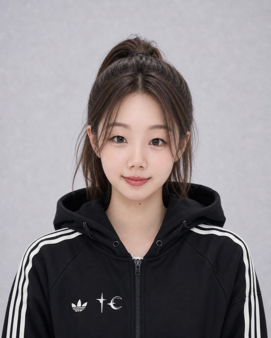 将图中女生的服装换成黑色连帽运动衫（参考图三的款式，侧边有白色… - 图片创意预览