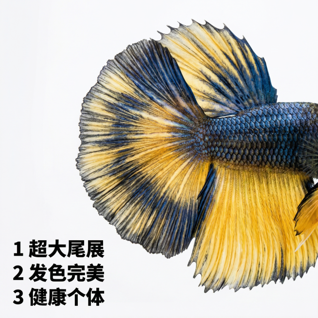 [主图 2] 半月斗鱼品种特征主图
[氛围风格] 真实细节风，干净简约
[画面元素] 商业摄影质感，光线柔和均匀，细节清晰，画面干净。近距离特写展示芥子斗鱼的半月尾鳍展开形态，突出展示超大尾展和渐变黄预览效果