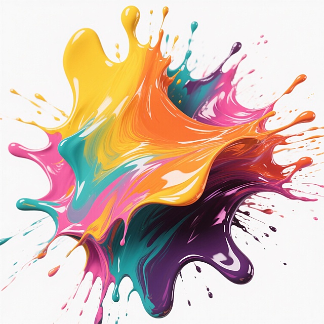 白色背景上，一团充满动感的抽象色彩飞溅图案，主要由明亮的黄色、橙色、粉色、蓝绿色和深紫色等鲜艳色彩构成，色彩间有自然的交融过渡，边缘呈现出不规则的、富有张力的笔触效果，整体形态如同颜料被快速挥洒而成，具有液态金属的光滑质感和强烈的光泽感，色彩饱和且富有层次，光影效果突出，给人一种活力四射、流动飘逸的视觉感受。