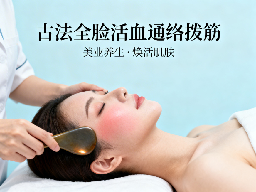 古法全脸活血通络拨筋养生主题，整体背景为浅淡浅蓝色，展示使用砭石工具进行全脸拨筋护理的美业养生场景，风格简约干净，适合宣传使用预览效果