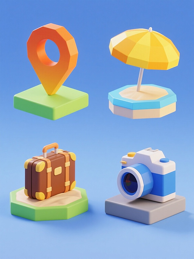 旅行主题3D图标集合，包含四个完全不同的旅行元素：橙色定位标记位于绿色底座上、黄色太阳伞置于蓝色沙滩基座、棕色行李箱搭配米色地面、蓝色相机镜头放在灰色平台，所有图标采用统一的低多边形3D风格，鲜明渐变色彩（暖橙到黄色、亮蓝到浅蓝、棕褐到浅棕、深蓝到浅蓝），柔和高光与阴影，简洁纯色背景，规整网格排布，保持一致的立体感和设计语言。