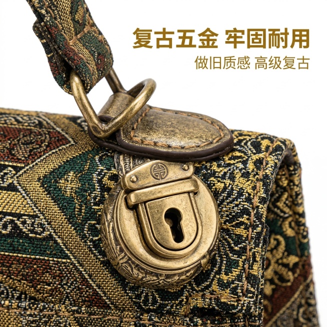 严格还原上传的产品图，包括新中式国风织锦手提包复古五金的所有细节，尺寸比例保持1:1。商业级电商主图，8K超高清分辨率，专业影棚柔光打光，纯白色背景(Hex #FFFFFF)，无任何阴影，极致锐利。主预览效果