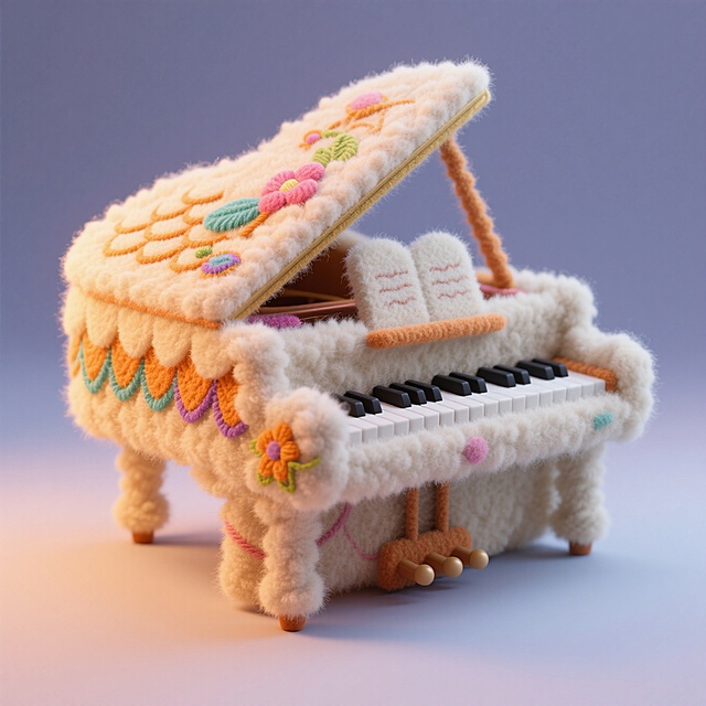 毛茸茸的钢琴，暖色系,可爱。刺绣元素