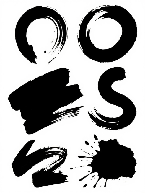 在纯白色背景上，以粗犷有力的黑色水墨笔触风格，生成6个完全不同造型的同系列抽象墨迹素材集合，每个墨迹保持黑色主色调和自然的笔触纹理，呈现出不同的形态和角度，包括横向挥洒、纵向拖曳、圆形晕染、棱角分明的几何笔触、S形曲线以及不规则的飞溅状笔触，所有墨迹元素规整地排布在画面中，彼此之间留有适当空隙，整体保持一致的手绘水墨质感和黑白对比强烈的视觉效果。预览效果