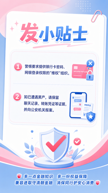 整体现代扁平化插画风格，清新明亮配色，人物造型干净圆润线条柔和，色彩以粉蓝为主色调搭配少量高饱和点缀；竖版结尾小贴士页，底部收尾页，标题"发小贴士"，下方两点文字：- 警惕要求提供银行卡密码、网银登录预览效果