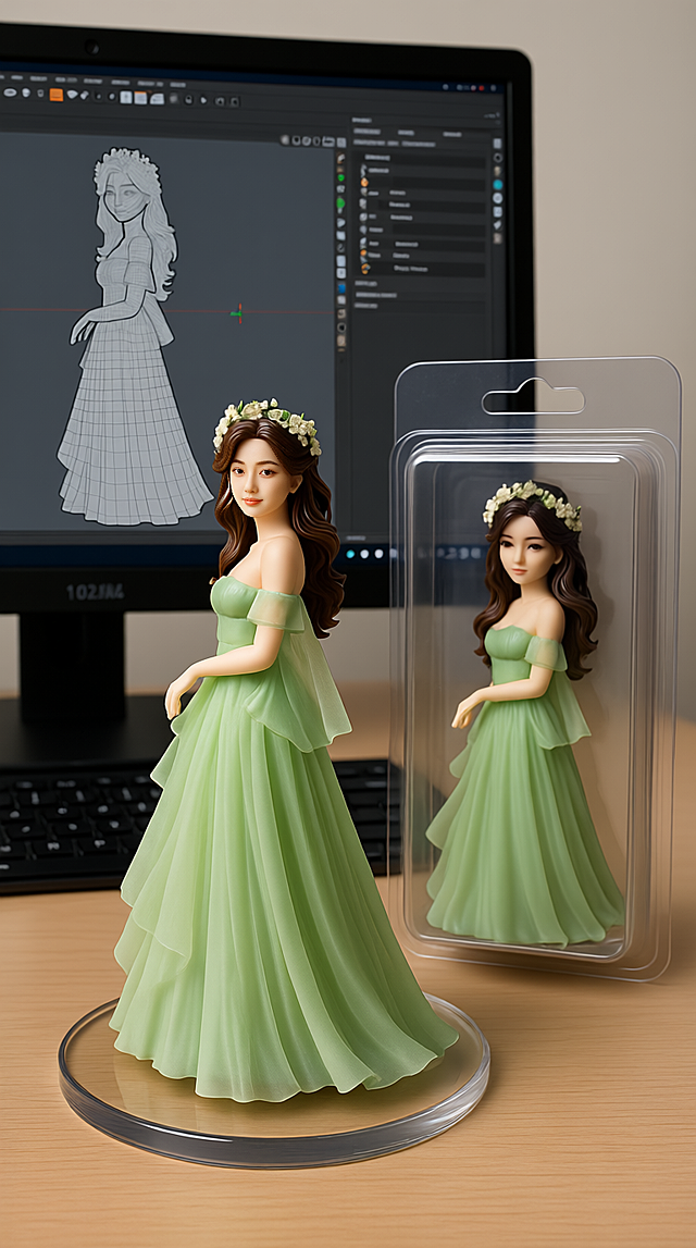 3D角色风设计，清新梦幻的绿色礼服，优雅花环点缀，展现浪漫节日氛围。