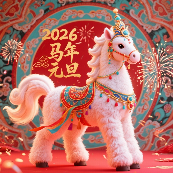 2026马年元旦主题插画，主体为敦煌壁画风格的神骏白马，马身覆盖柔软蓬松的毛绒质感，鬃毛和尾巴如祥云般飘逸，马头佩戴传统宝冠，身披璎珞彩带，背景融合敦煌藻井纹样与元旦烟花元素，整体色调以朱砂红、石青、预览效果