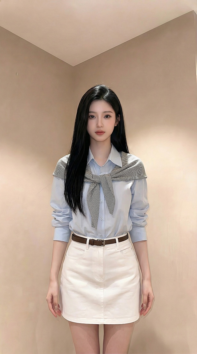 将图一图二的浅蓝色衬衫、条纹披肩、白色半裙穿搭换到图三的人物身上，穿搭完全还原，半身展示，人物身材比例优越，腰细腰臀比绝佳，模特身材，双手自然下垂，发型自然，衣服有质感，灯光自然，人物姿态自然