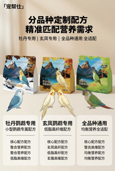 第 1 屏 详情首屏・品牌核心 KV 主视觉中文提示词：2:3 竖版电商详情页首屏，严格还原上传的宠帮仕鹦鹉粮产品图，包括三款包装的手绘插画、品牌 LOGO「宠帮仕」位置与字体、产品名称、净含量 50预览效果