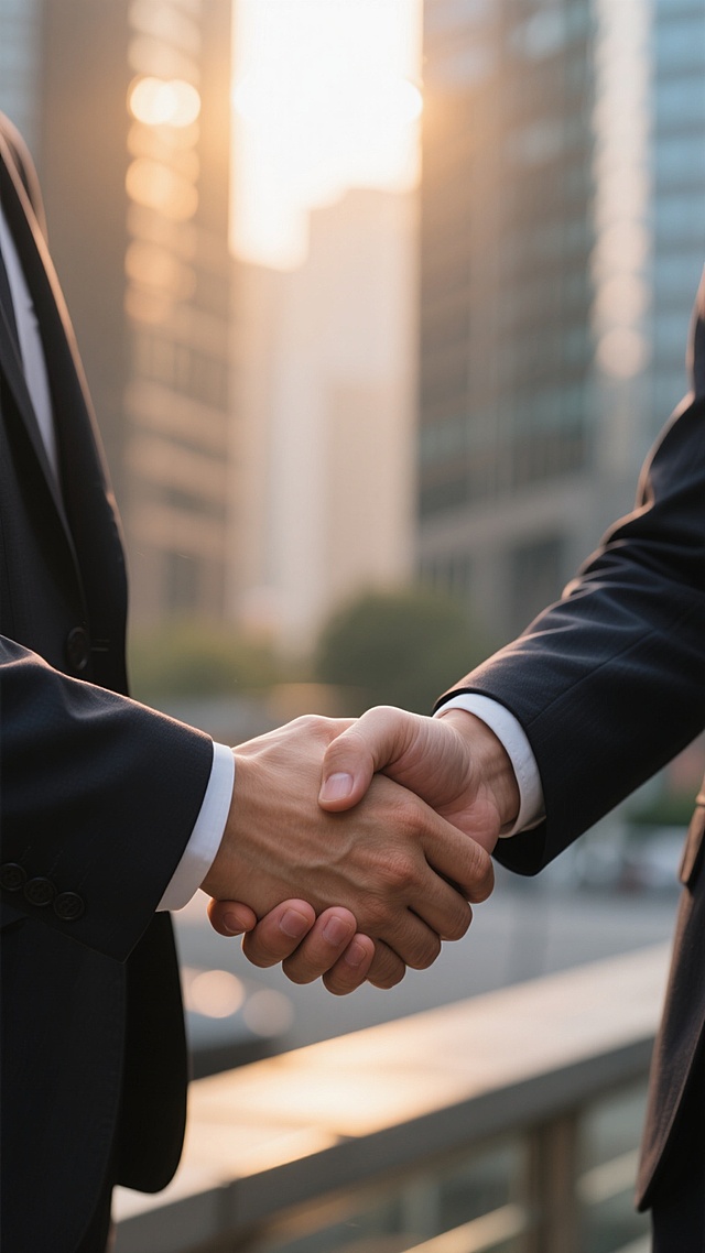 两个穿着深色西装的商务人士在城市背景下紧紧握手，手部特写占据画面中心，细节清晰可见，背景呈现模糊的城市建筑和温暖的夕阳光线，营造出专业、信任的氛围，具有高分辨率的商业摄影风格，温暖的色调，柔和的光影效果，突出握手这一核心动作，展现合作与成功的主题。