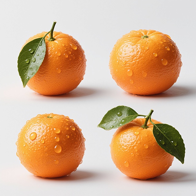 一张纯色背景的图片，上面有四个规整排布的橘子素材，橘子为不同的造型样式，每个橘子都有着饱满的橙黄色果皮，表面带有清晰的凹凸纹理，果皮上还覆盖着晶莹剔透的水珠，水珠在光线下闪烁着光泽，每个橘子都带有一片翠绿的叶子，叶子脉络清晰，边缘自然，整体呈现出高度写实的风格，光影效果自然，能在短时间内清晰传达核心信息。