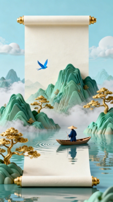 新中式山水卷轴创意插画，上下两段展开的米白色宣纸卷轴，卷轴两端带有金色轴头，卷轴间延伸出立体山水景观，青绿色层叠山峦，山峦形态层叠起伏如传统山水皴法，金色松树生长于山间，金色枝叶，水面上有一叶扁舟，舟预览效果