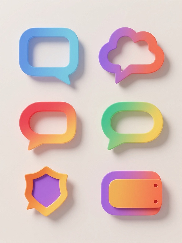 6个不同配色、不同样式、不同风格的气泡框设计，每个气泡框具有独特的形状（如圆角矩形、云朵形、箭头形、对话气泡形、标签形、徽章形）和色彩方案（涵盖蓝色、红色、绿色、黄色、紫色、橙色等鲜明色调），均采用平滑的3D渐变质感，带有轻微的阴影以增强立体感，放置于纯净的浅色背景上，整体以左右两行三列的整齐网格形式对齐排列，每个气泡框独立且清晰展示其设计特点，突出各自的样式和配色差异，具有简洁现代的设计感。