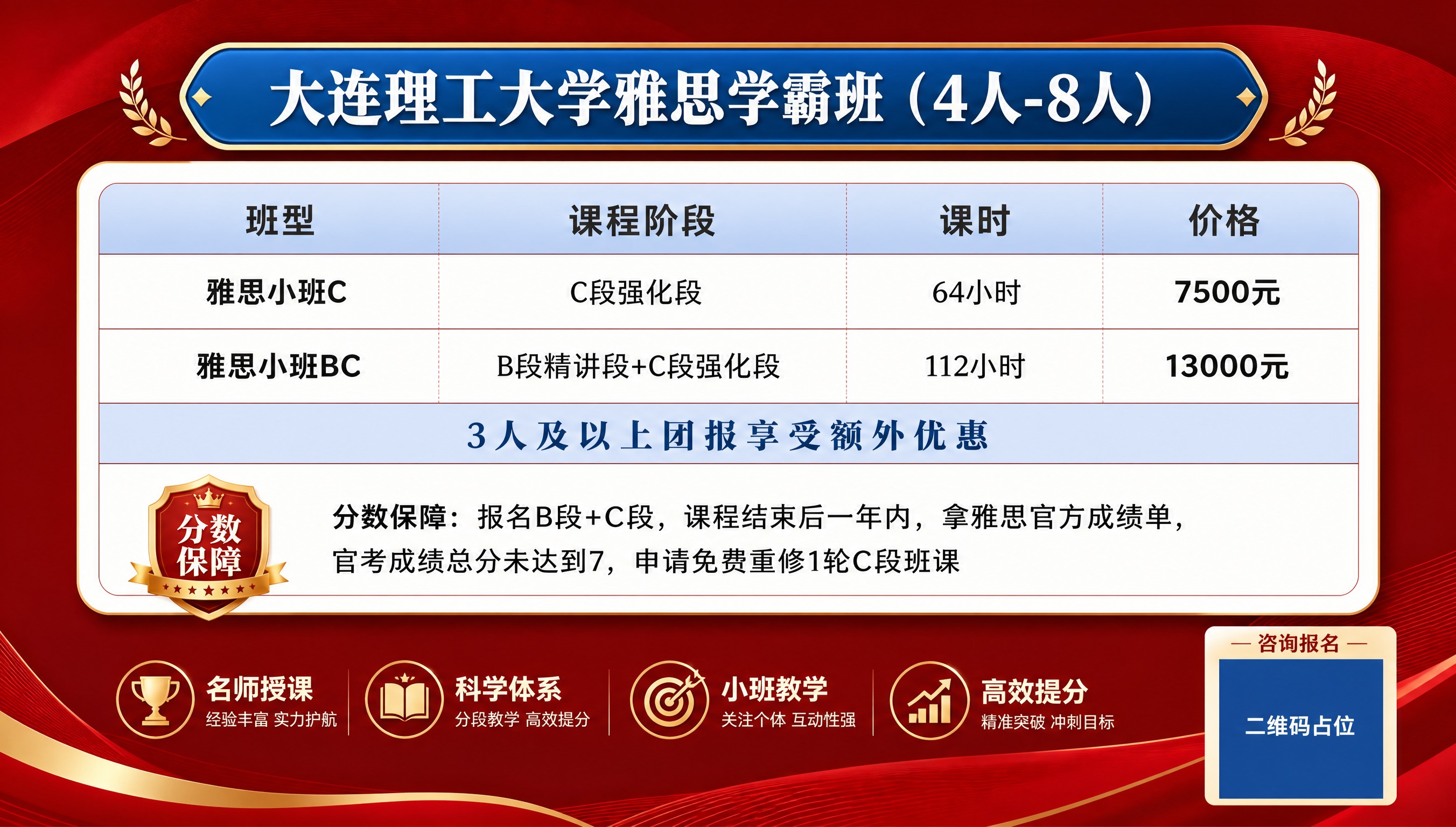 基于参考图的红色背景风格，重新设计一张专业精美的雅思课程价目表… - 图片创意预览