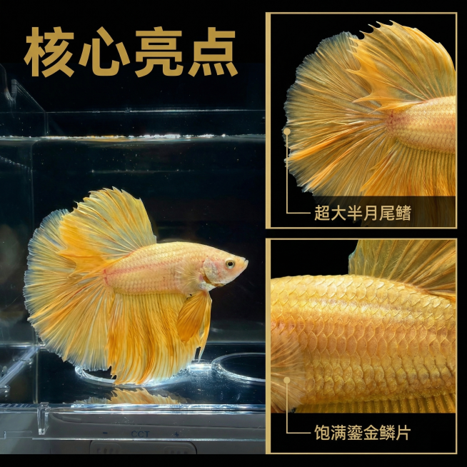 [主图 2] 核心亮点解析：保持大黄袍半月斗鱼外观和原图一致，采用拼图设计，左侧是斗鱼完整全景展示，右侧上下分别拼接两张尾鳍纹理和鳞片细节特写小图，深色水族背景，光影通透细腻。左侧主标题“核心亮点”加预览效果
