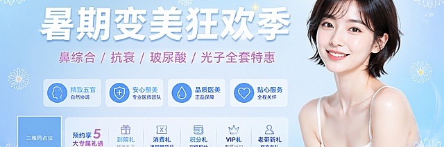 医美活动超宽横版中通banner海报，蓝白夏日雏菊底色，浅蓝色渐变背景，淡白色小雏菊简笔画稀疏点缀在画面角落和边缘，简约干净不堆砌花卉。画面右侧一位清爽短发亚洲女模特，气质清新自然，皮肤白皙通透，微笑看向镜头，半身像。左侧及中部为文字区域，文字整体横向总宽度控制在画布的2/3以内，左右预留大量浅蓝色留白。文字层级：主标题"暑期变美狂欢季"使用粗白大字体，居中偏上位置；副标题"鼻综合 / 抗衰 / 玻尿酸 / 光子全套特惠"使用浅粉紫色常规字体，紧跟主标题下方；底部活动小字"活动 7.24-7.31 | 各项限量抢先预约"使用极小浅灰色字体，位于画面最底端居中。整体风格夏日清爽、医美轻奢、简约高级，版式精美，画面中所有数字必须精确渲染，不得错位、遗漏或编造。画面中所有二维码区域使用纯色方块占位符呈现，方块中央标注"二维码占位"文字，严禁生成任何可识别的二维码图案。画面中所有信息区域必须填充完整合理的内容，不得出现空白框、空白占位、横线待填写区域，确保是完整可用的成品海报。