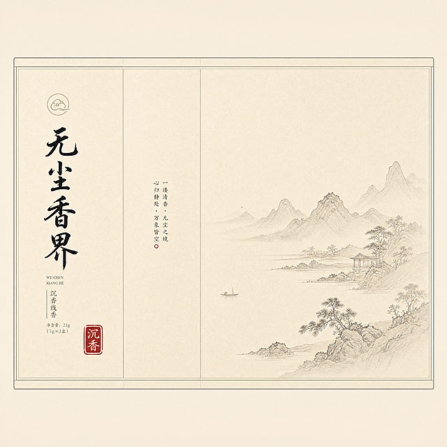 沉香线香礼盒包装平面图，东方美学新中式简约风格，宣纸米黄色底色，左侧竖排黑色书法大字"无尘香界"logo，右侧淡雅水墨山水线条图案，底部有红色印章"沉香"，整体文人雅士风格，留白充足，温润雅致，礼盒包装正面平铺展示，俯视角度，无阴影无透视，平面设计图