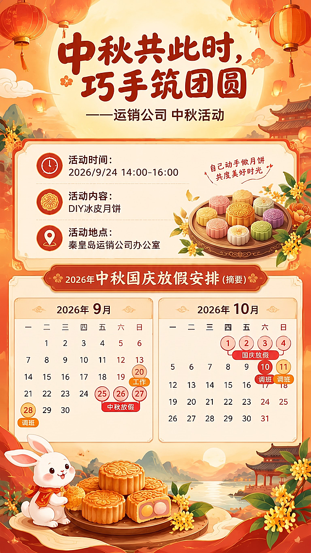 1、副标题改成“运销公司 中秋活动”；2、放假调休时间有误，9月20日和10月10日上班，另把多余的日历行删掉，保留涉及调班和休息的日历行就行；3、活动相关的篇幅占得稍长一些，放假占得篇幅短一点