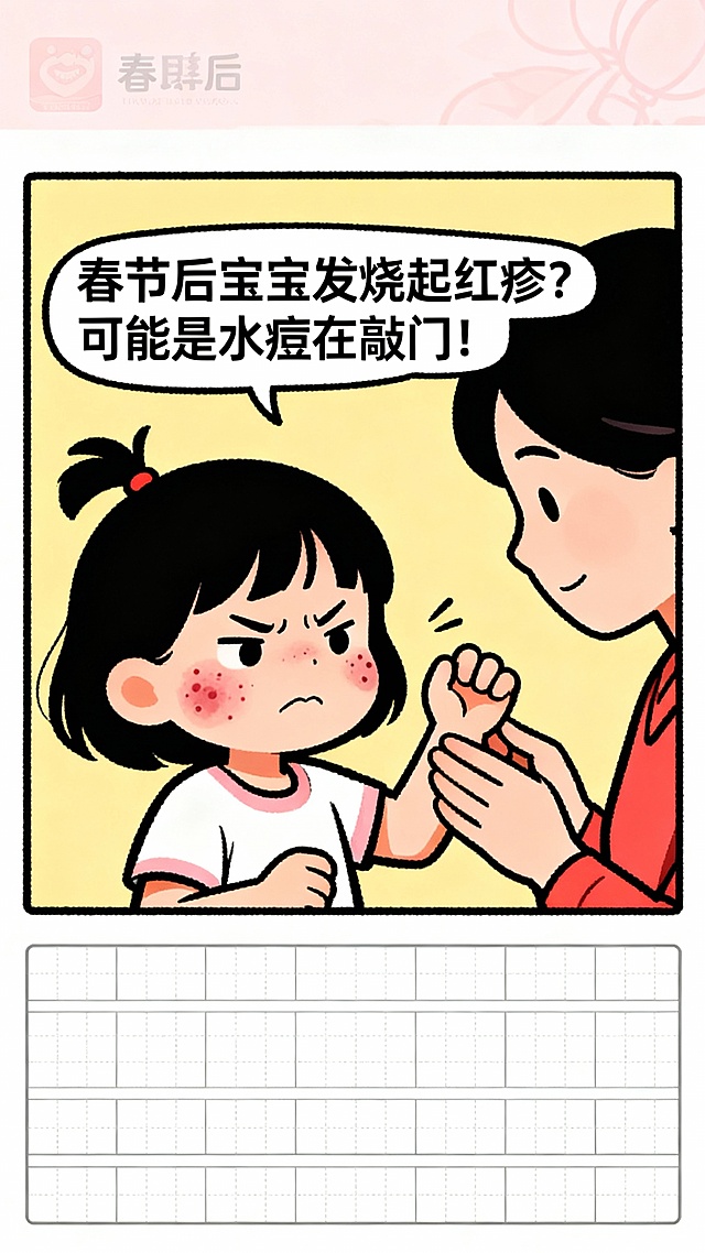 一个小朋友脸部长了些水痘，想抠，一个家长在旁边抓住她的手。风格为漫画风。文字为：春节后宝宝发烧起红疹？可能是水痘在敲门！并且在下方留一个表格的空间