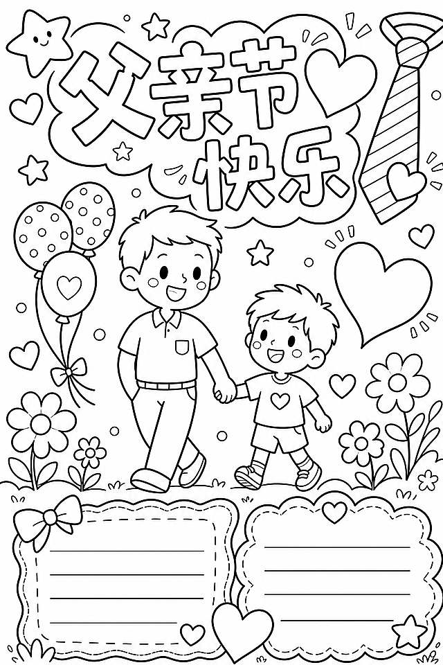提取这幅父亲节手抄报的轮廓，生成纯黑白线稿图，去除所有颜色，保留完整图案和文字框结构，适合手工涂色，A4尺寸