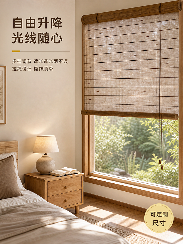 [主图-4] 使用场景与功能展示图，展示竹帘卷帘的升降调节功能与实际使用状态，体现遮光透光的实用性。
[统一基调] 日式原木禅意风格，整体色调为米白、浅木色、暖棕、自然草黄色，自然柔和光线，营造温馨静谧的居家氛围。字体采用简洁无衬线中文字体，标题字色为深棕色，辅助字色为浅灰棕色，强调色为暖草黄色。
[画面] 画面展示卧室窗边场景，竹帘卷帘处于半拉起状态，露出约三分之一的窗景，清晰展示卷帘的升降结构与调节功能。竹帘上方的卷轴与拉绳结构清晰可见，拉绳自然垂落。窗外是虚化的庭院绿植景色，阳光透过下半部分窗户洒入室内，在木地板上形成长条光斑。窗边有一个原木色床头柜，上面摆放一盏陶瓷台灯和一本打开的书。画面体现竹帘可自由调节光线、保护隐私的功能特点。
[光影质感] 商业家居摄影质感，自然光与室内环境光结合，半拉起的竹帘形成明暗对比，体现透光与遮光的效果差异，竹帘材质在光线下呈现自然的肌理质感。
[配色] 原木色、米白色、暖棕色为主，窗外绿色为点缀，整体温暖柔和。
[文字版式] 画面左上角主标题「自由升降 光线随心」，下方配两行小字说明「多档调节 遮光透光两不误」「拉绳设计 操作顺滑」。画面右下角有一个圆形小图标标注「可定制尺寸」。文字深棕色，放在画面负空间，不遮挡产品主体。
[输出要求] 图片比例3:4，竹帘结构清晰，升降状态自然真实，光影效果体现功能差异。负向：变形、错字、模糊、结构不合理、拉绳穿模、水印、平台Logo。
