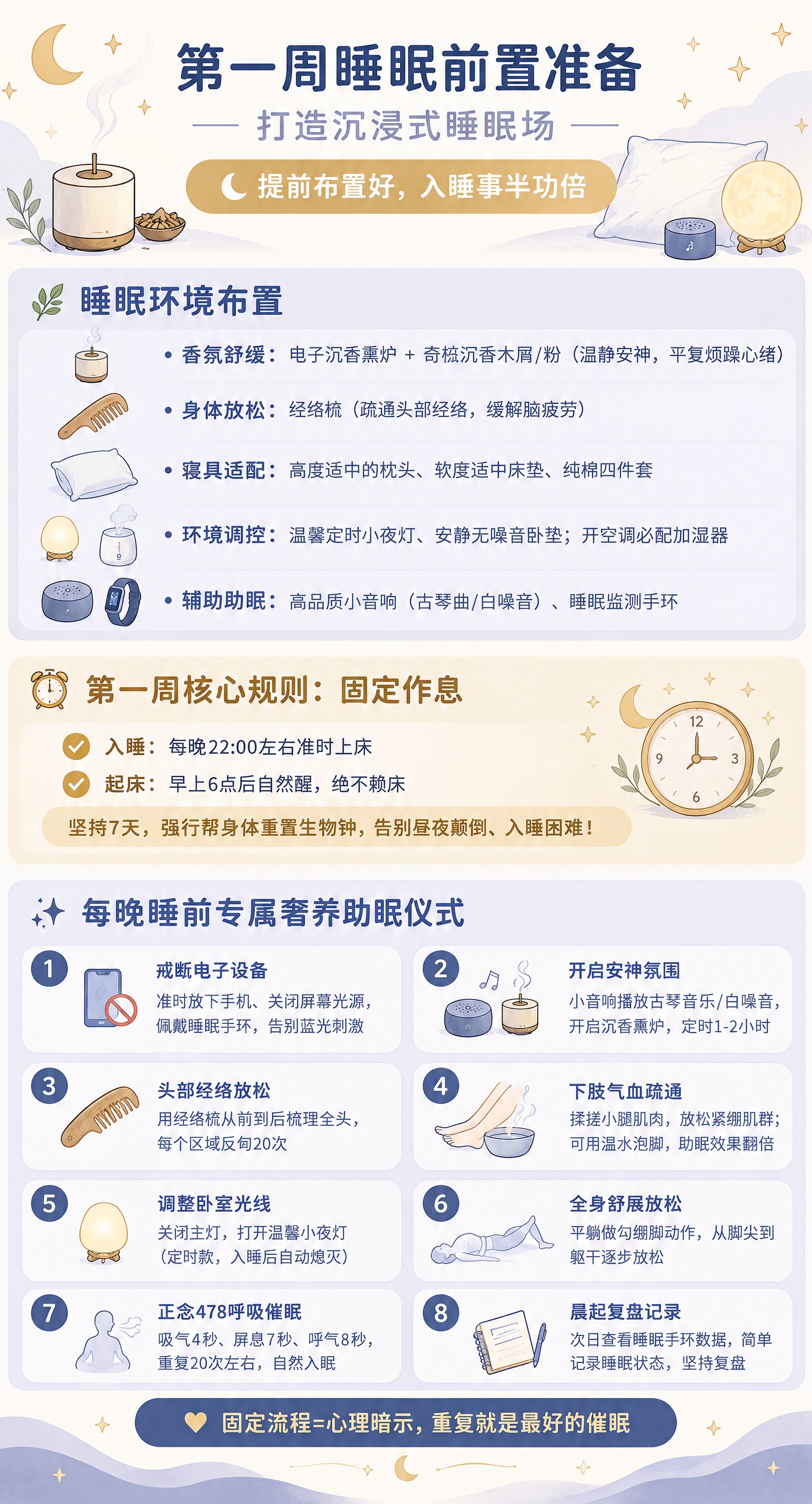 睡眠健康科普长图海报，主题"第一周睡眠前置准备｜打造沉浸式睡眠… - 图片创意预览