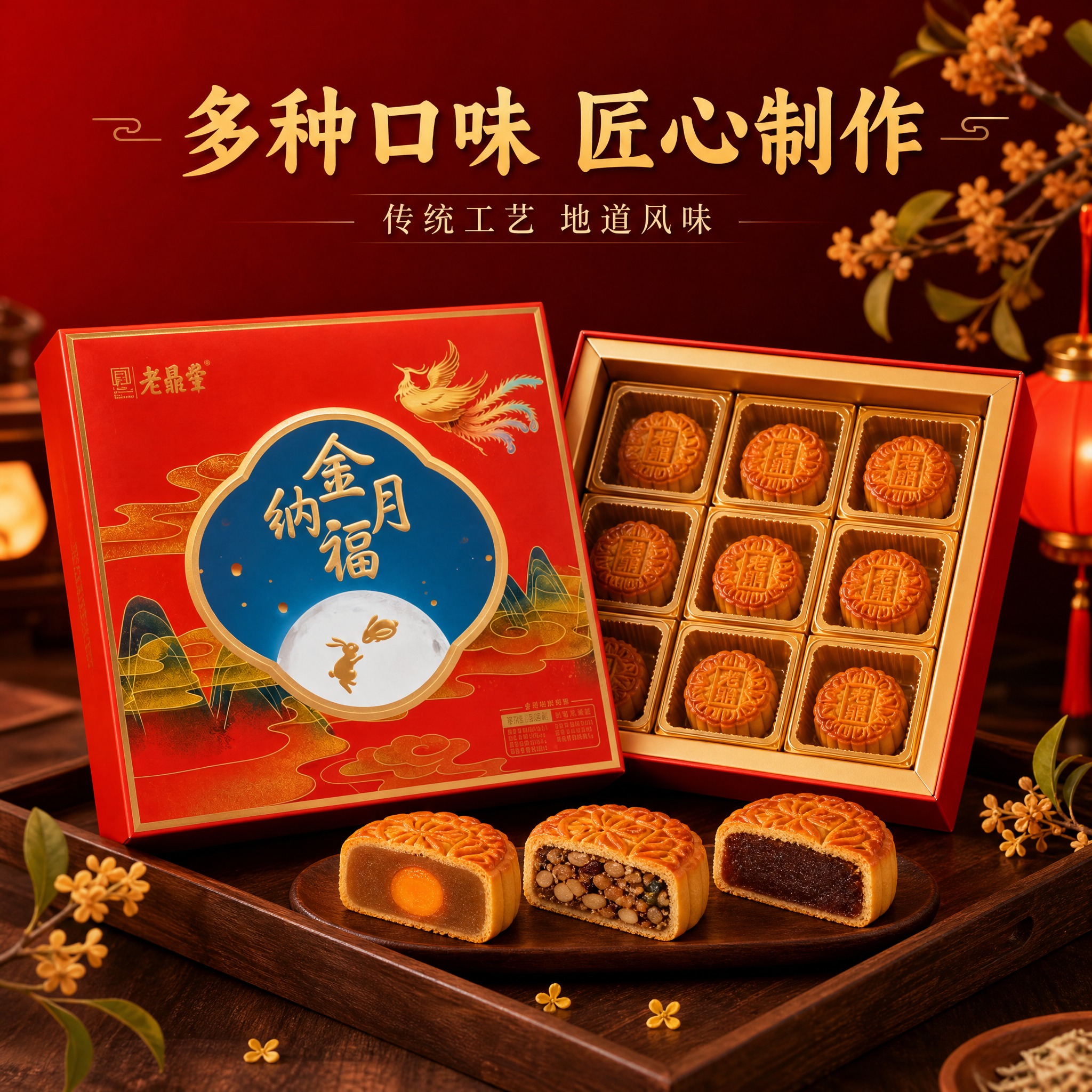 [主图-2] 老鼎丰金月纳福月饼礼盒卖点图，展示月饼内馅与丰富… - 图片创意预览