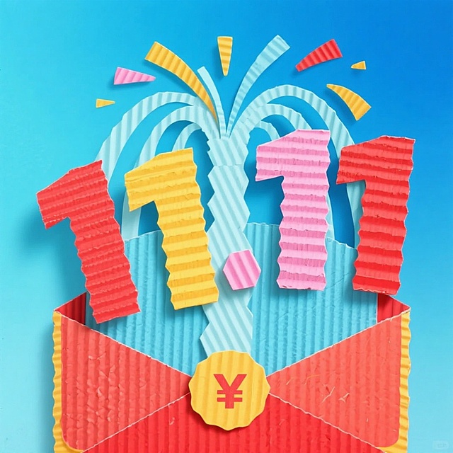 蓝色渐变背景，红包打开处喷出红、黄、粉色彩的"11.11"优惠券图标