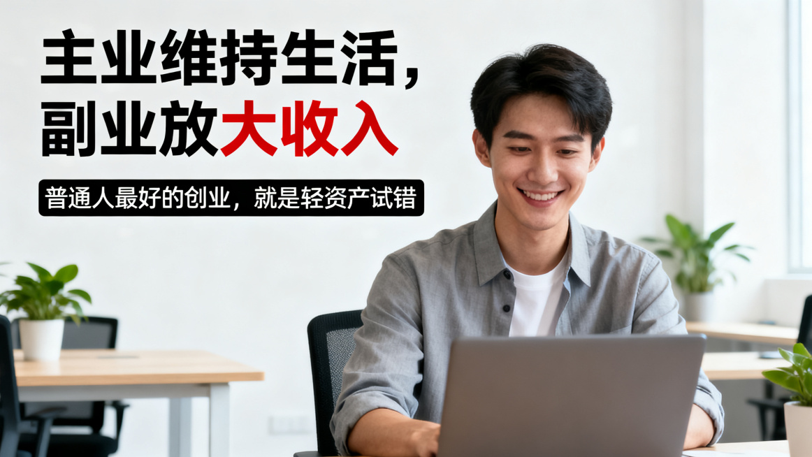 商业创业海报，主标题'主业维持生活，副业放大收入'，副标题'普通人最好的创业，就是轻资产试错'，主副标题分明，背景是明亮简约现代办公室环境，前景一位穿着商务休闲的年轻人微笑着看电脑，整体风格积极向上充预览效果
