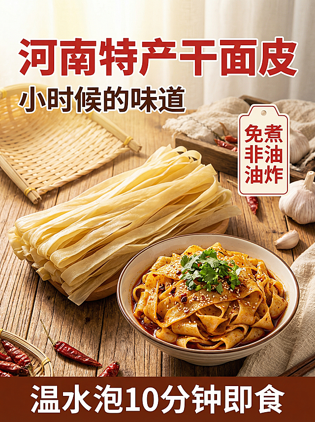 [垫图]用户上传的河南干面皮产品图；[主图主题]河南特产干面皮首图；[氛围/风格]烟火气家常风格，自然暖阳逆光，食欲感拉满；[画面元素]干面皮居中摆放，旁边放一碗泡好拌好的红油面皮，撒着芝麻和香菜，背景是木质餐桌，搭配农家竹篮、大蒜等家常物件，干面皮外观与原图完全一致，背景铺满全屏无边框；[配色色系]主色调：暖黄色（面皮）、红棕色（红油）；辅助色：木色（桌面）、绿色（香菜）；[视角构图]平视角度，景深适中，突出产品主体；[文字版式]左上角主标题“河南特产干面皮”，副标题“小时候的味道”，右侧标签“免煮非油炸”，底部卖点“温水泡10分钟即食”，字体为无衬线粗体，字色为红色和白色，文字悬浮于背景负空间，不遮挡产品主体，采用上下排版布局；[比例分辨率]3:4比例，2K分辨率