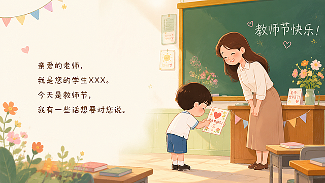 幼儿园教师节PPT第二页，卡通手绘风格，一个可爱的小女孩/小男孩站在讲台上对着老师鞠躬，手里拿着贺卡，老师温柔地微笑着，背景是明亮的教室，有黑板、课桌、小花朵装饰，色彩温暖柔和，充满童真，画面左侧或右侧留白方便放文字，文字内容是'亲爱的老师，我是您的学生XXX。今天是教师节，我有一些话想要对您说。'