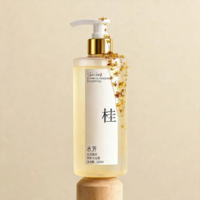 从桂花沐浴露自然过渡到桂花香氛护发素，展示洗护产品的温润质感，画面柔和舒缓预览效果