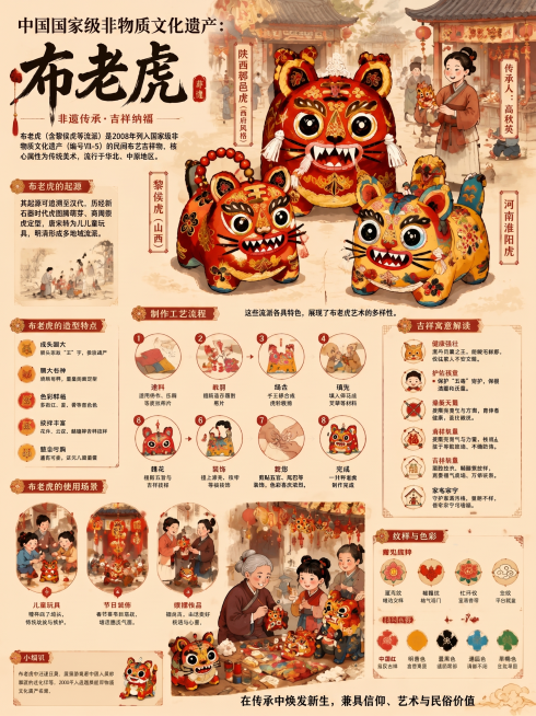布老虎（含黎侯虎等流派）是2008年列入国家级非物质文化遗产（编号Ⅶ-5）的民间布艺吉祥物，核心属性为传统美术，流行于华北、中原地区。

其起源可追溯至汉代，历经新石器时代虎图腾萌芽、商周崇虎定型，唐预览效果